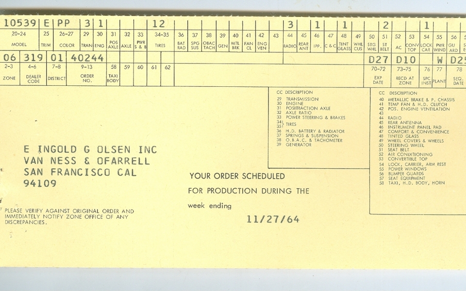 corvair 1965 Expected Date of Production Card